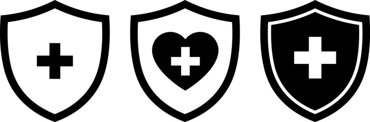 Obraz premium Three shields featuring variations of the medical and love symbols