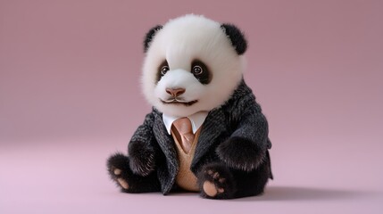 Fototapeta premium Adorable panda wearing a suit with a tie against a soft pink background in a cute and professional pose