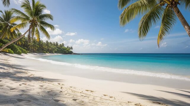 Tropical beach with white sand turquoise water and palm trees under clear blue sky