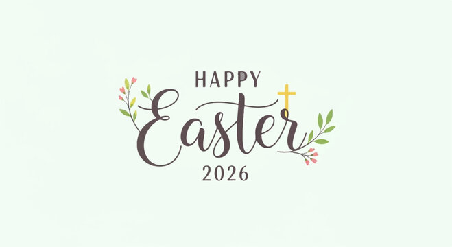 Easter celebration graphic with happy easter 2026 text and floral design on light background