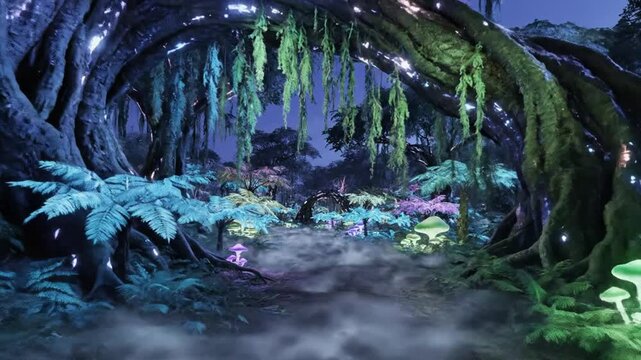 Enchanted glowing forest with mystical trees and luminous mushrooms at night