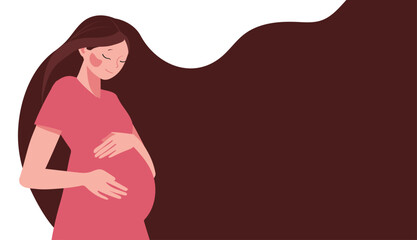 Pregnant woman holding belly wearing pink dress with long hair on abstract background. Flat vector illustration with copy space. Pregnancy and maternity care concept.
