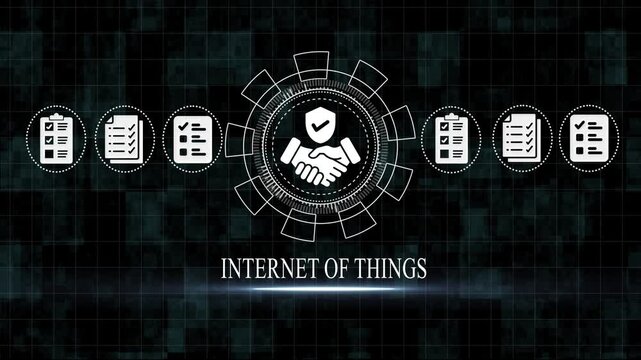 Internet of Io T Concept with Handshake and Shield on Dark Background with Checkmarks and Gears internet of iot