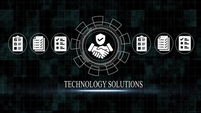 Technology Solutions Set with Checkmarks and Handshake on Dark Background business solutions software solutions