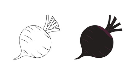 A contrasting depiction of a beetroot is shown with one image in black and white line art and the other fully shaded