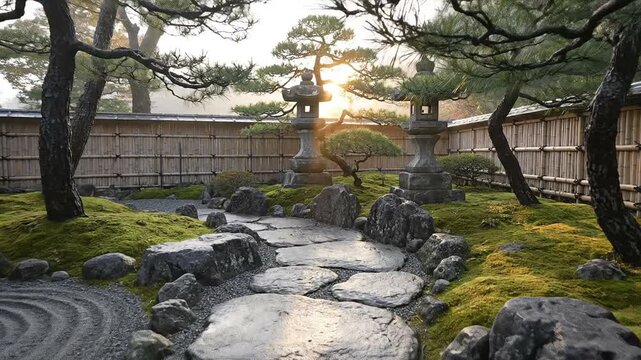 Traditional japanese garden with stone path and pine trees glowing in gentle morning sunlight, capturing cultural serenity.