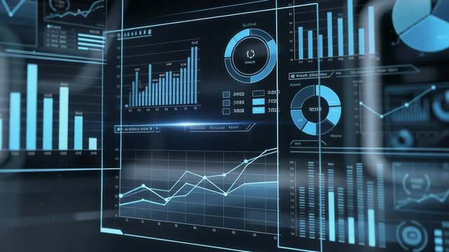 Futuristic digital data analytics dashboard with graphs and charts for business intelligence and financial analysis