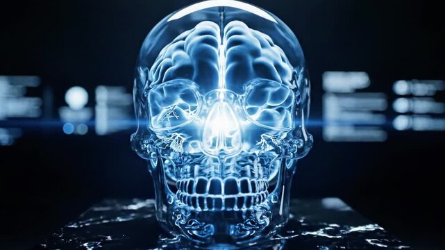 A futuristic blue-tinted skull with glowing circuits on a dark background with vague screens