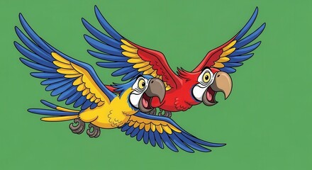 Naklejka premium Colorful Parrots in Flight with Vibrant Green Background