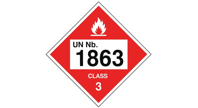 A warning sign displays a flammable liquid symbol with UN number 1863 and classification details.