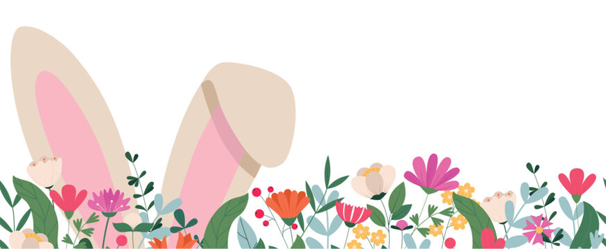 Horizontal seamless banner with a rabbit's ears in grass. Easter spring floral backdrop. Vector illustration isolated on a white background