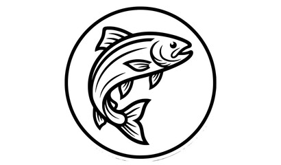 Fototapeta premium Jumping trout fish mascot outline logo black and white fishing vector design