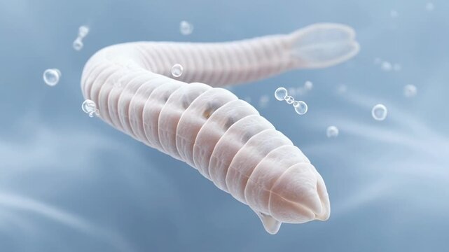 Microscopic Tapeworm Parasite Moving in Organic Fluid Under Magnification for Medical Research and Biology