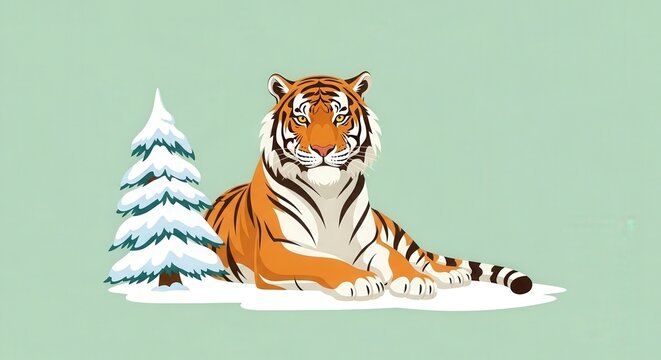 Elegant Tiger Resting by Snow-Covered Pine Tree in Winter Landscape