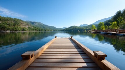 Fototapeta premium Tranquil Wooden Dock Reflecting in Calm Lake Surrounded by Lush Green Forest and Majestic Mountains under Clear Blue Sky