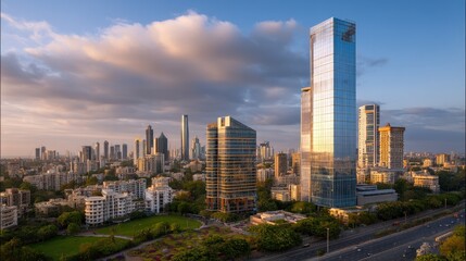 Fototapeta premium Urban skyline at sunset showcasing modern architecture and vibrant city life in a bustling metropolitan area