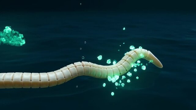 Microscopic Tapeworm Parasite Moving in Organic Fluid with Luminescent Details and Biological Environment