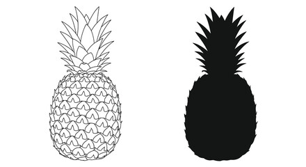 Obraz premium Two pineapple illustrations are presented one with detailed line work and the other a solid black silhouette high quality