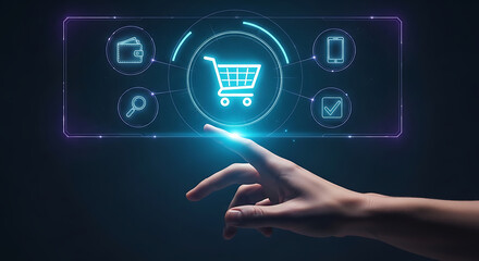 Naklejka premium Human hand touching a glowing shopping cart icon on a futuristic digital interface, symbolizing the evolution of e-commerce, online retail, and seamless digital transaction technology