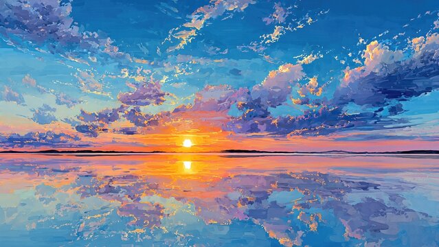 Vivid sunset reflection over tranquil lake with colorful clouds and dramatic sky