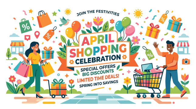 April Shopping Celebration Banner with Festive Elements