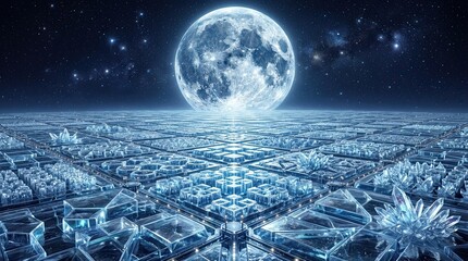 Naklejka premium Surreal Futuristic Ice Cityscape Under a Giant Full Moon in a Starry Night Sky, Abstract Crystal Architecture with Geometric Structures and Cold Lighting