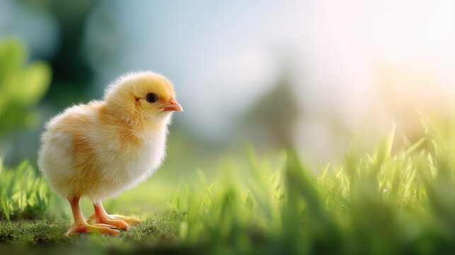 Adorable Yellow Chick Standing on Green Grass Under Bright Sunlight in a Natural Setting