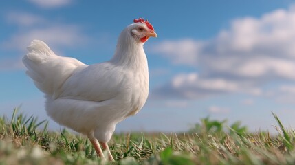 Fototapeta premium White Chicken Standing on Green Grass Under Bright Blue Sky with Fluffy Clouds in Background