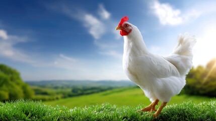 Fototapeta premium White Chicken Standing on Green Grass Against a Scenic Landscape with Blue Sky and Sunlight in the Background