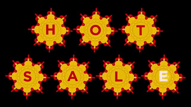Luxury Gold Metal Ornamental With Elegant Red Pattern, Red Letters &ldquo;HOT SALE&rdquo; Appearing One by One Cinematic Text Reveal Animation, Royal Golden Metallic Decorative Badge Style Promotional Motion 4k