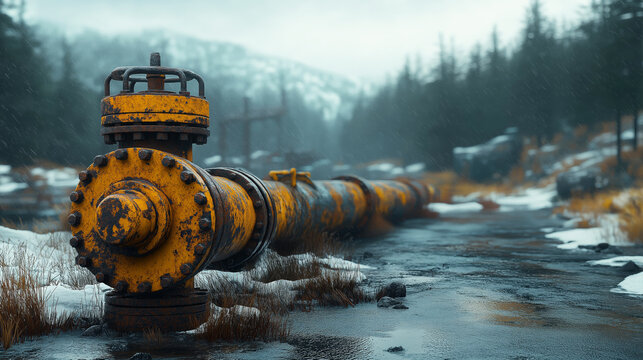 Old industrial pipeline in snowy landscape