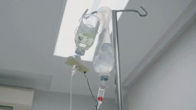 shallow depth focus of IV Fluids drop in medicine treatment in hospital with contains of NaCl. Sodium chlorine aka saline fluids for infusion