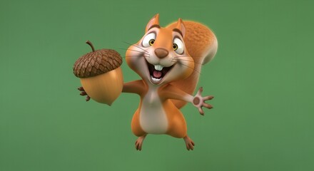 Fototapeta premium Cute Animated Squirrel Holding Acorn in a Playful Gesture for Kids Content