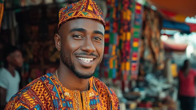 Vibrant market journey: smiling man in colorful traditional attire strolls through bustling bazaar