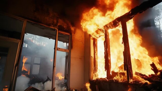 Intense building fire with flames engulfing windows in rapid succession