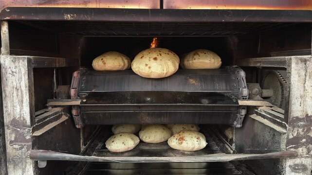 Egyptian Aish Baladi Flatbreads Coming Out of Traditional Bakery Oven on Conveyor