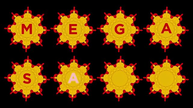 Luxury Gold Metal Ornamental With Elegant Red Pattern, Red Letters &ldquo;MEGA SALE&rdquo; Appearing One by One Cinematic Text Reveal Animation, Royal Golden Metallic Decorative Badge Style Promotional Motion 4k