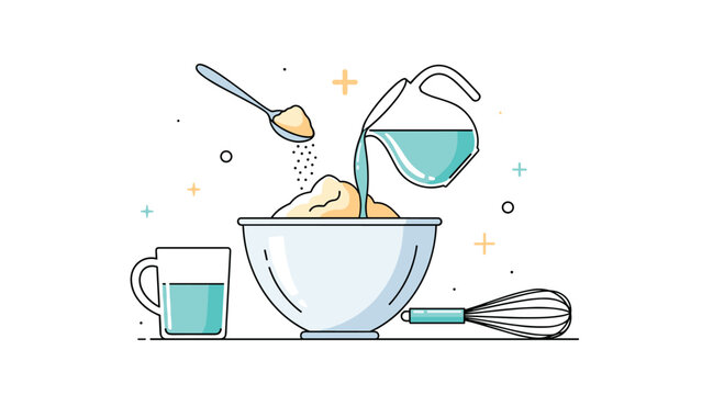 Detailed illustration of baking ingredients like flour and water being poured and measured into a white mixing bowl.