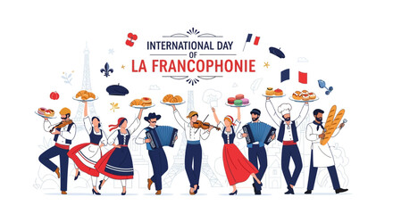 Fototapeta premium Vector illustration of people celebrating International Day of La Francophonie with traditional attire and symbols on a white background.