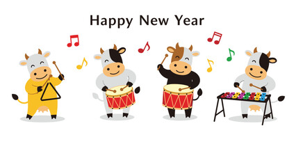 Fototapeta premium Four adorable cows playing triangle and drums with colorful musical notes for happy new year 2021 celebration.