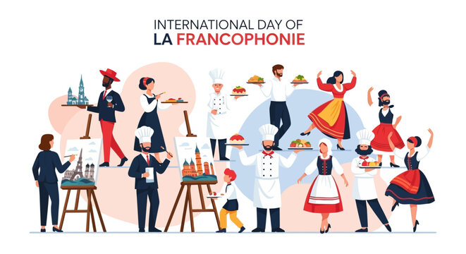 Vector illustration of diverse people celebrating International Day of La Francophonie with cultural activities and traditional clothing.