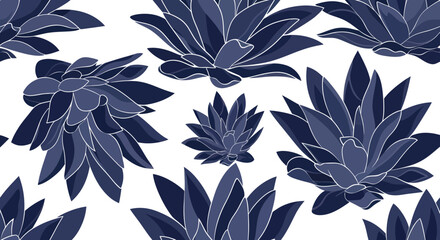 Seamless Pattern of Blue Agave Succulents on White Background, Botanical Illustration © Ketik