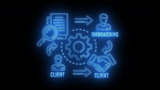 Neon-lit infographic illustrating a client onboarding process with icons and arrows on a black background.
