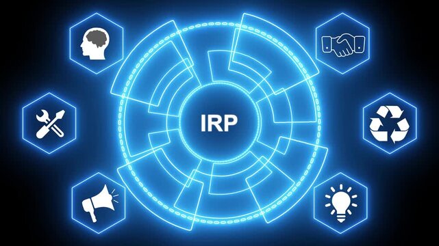 IRP acronym in center of glowing blue technological circle with surrounding icons technology innovation