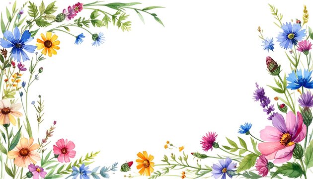 A colorful floral border frame with various flowers and greenery on white background
