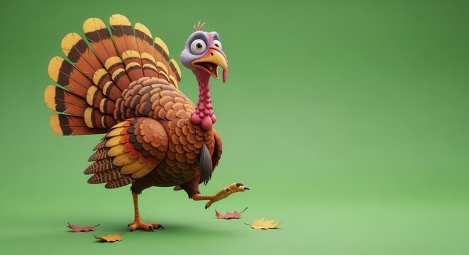 Humorous Cartoon Turkey Walking with Playful Expression on Green Background