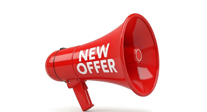 Red megaphone loudspeaker with NEW OFFER text for announcements and promotions  loudhailer for public address