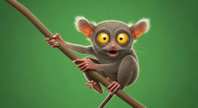 Cute Animatronic Mouse Clinging to Rope on Green Background