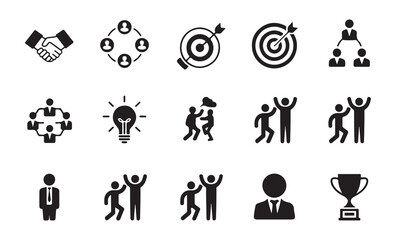 Business team and success icons set vector illustration, handshake, target, idea, person, employee