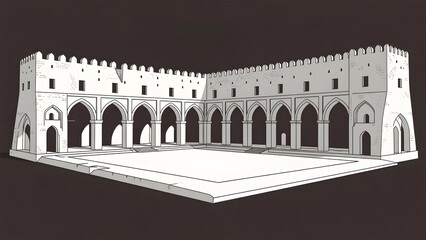 Naklejka premium Historical fortress courtyard architecture illustration with pointed arches and battlements